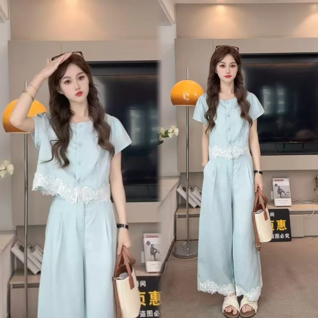 【夏款清仓库】拼接蕾丝上衣3139小香风时尚百搭宽松休闲显瘦套装女