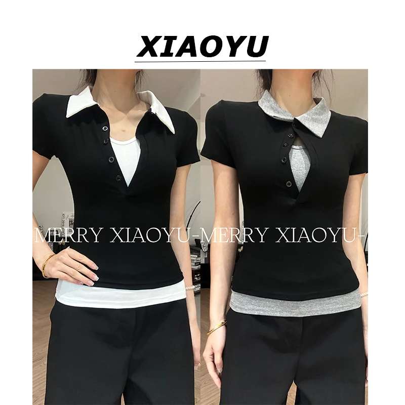 小鱼【辣妹舒适】撞色假两件拼接Polo领短袖T恤女百搭显瘦上衣