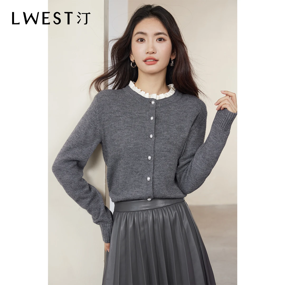 T朗文斯汀小众拼接针织衫女冬季新款优雅气质木耳边设计感上衣