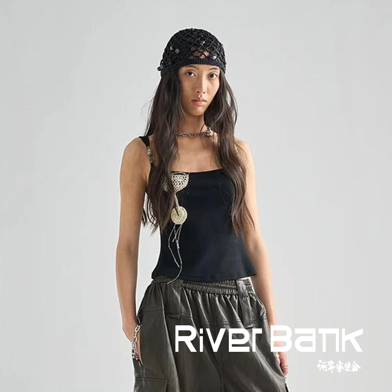 河岸家Shelle Artiste黑色辣妹干杯吧纯手工勾花吊带背心25夏新款