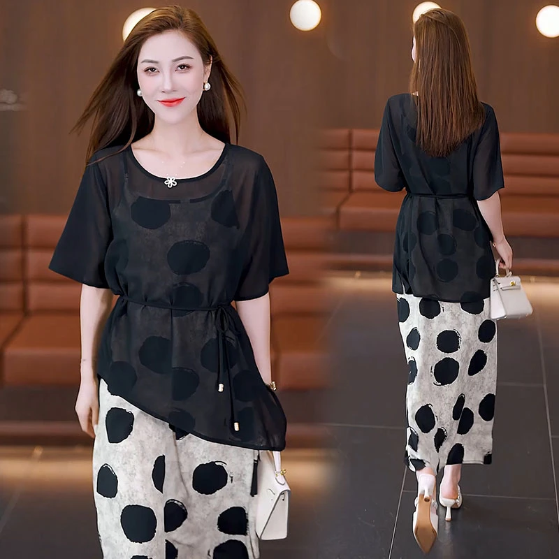 轻熟宽松时尚套装 女2025夏季新款气质显瘦遮肚罩衫连衣裙两件套