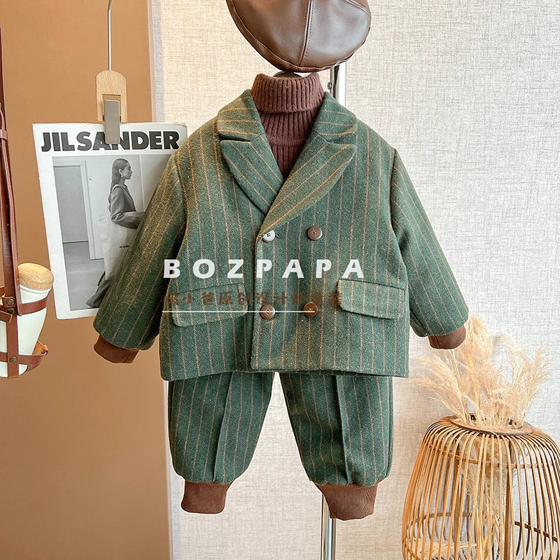 现货啵小爸【绒绒暖茶】2024春秋冬季男童韩系条纹西装夹棉两件套