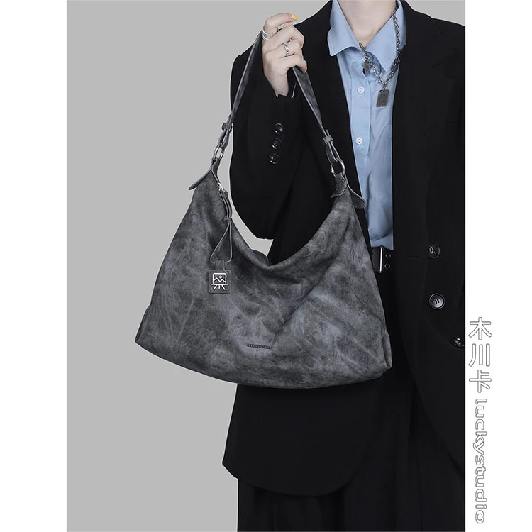 木川卡原创晕染灰hobo托特包小众复古单肩斜挎包通勤百搭时尚上班