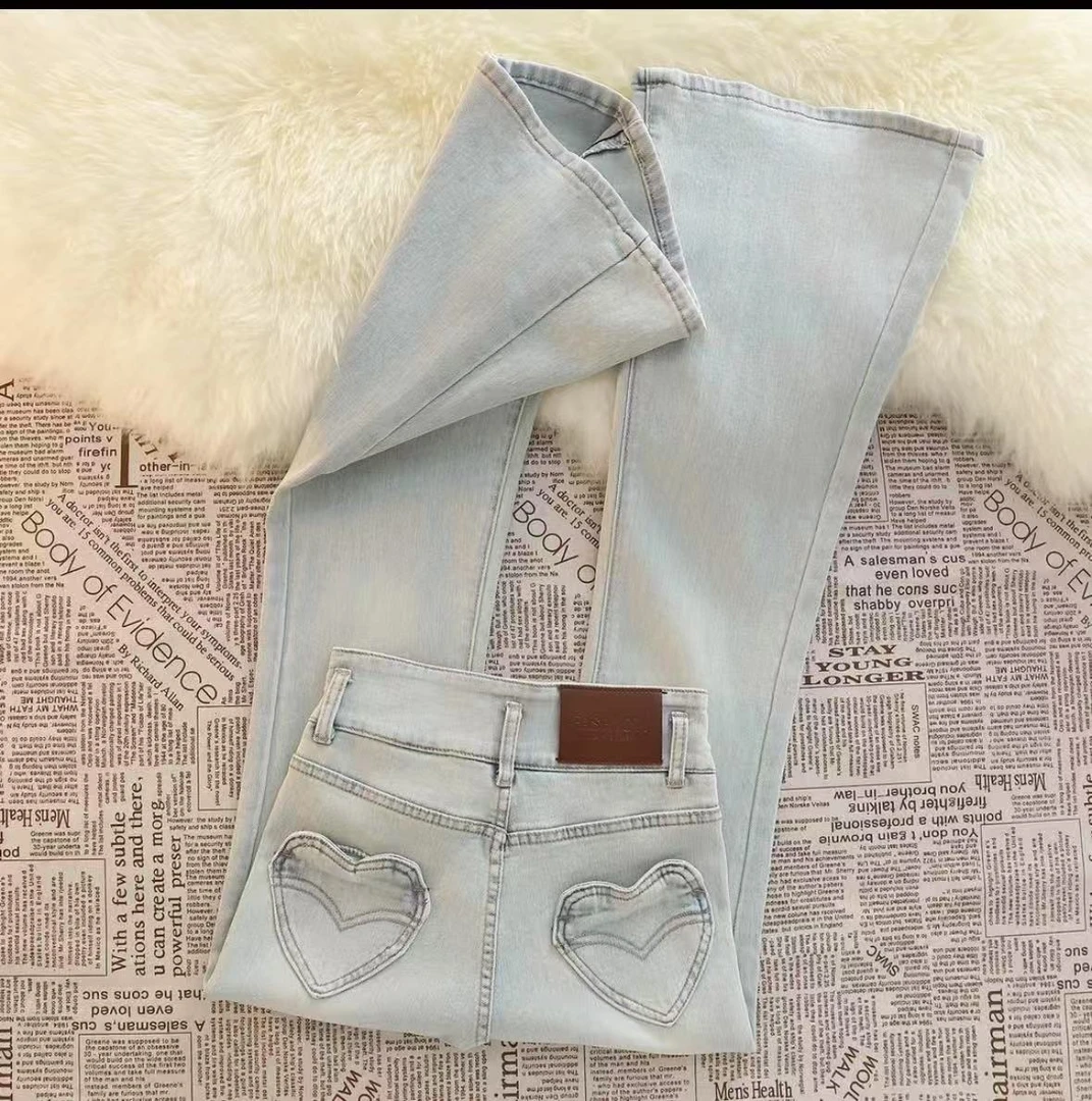 小众爱心微喇牛仔裤女夏季高腰显瘦修身弹力小个子喇叭裤女