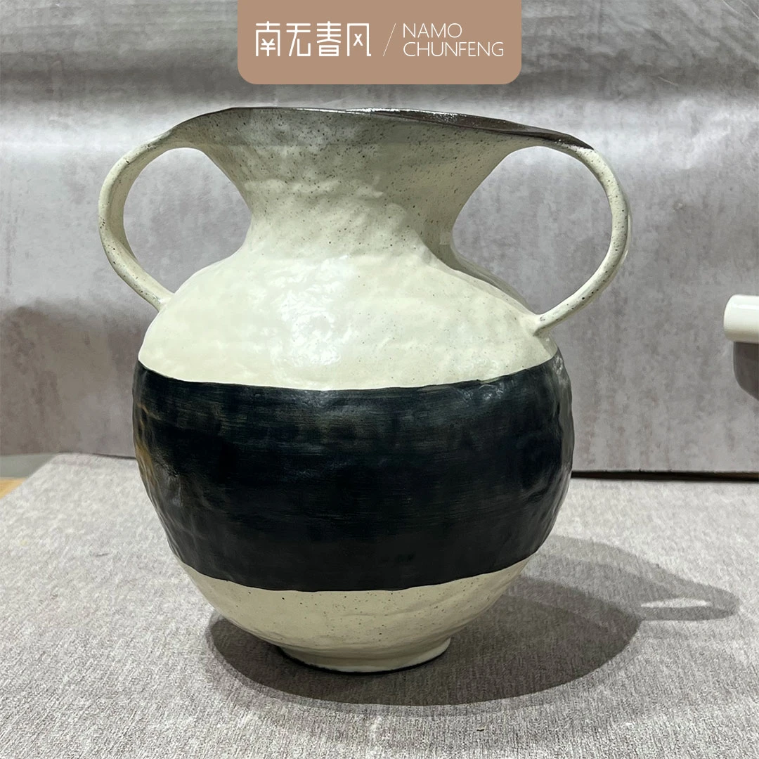 【双耳黑白条纹花瓶】景德镇手工艺术花器复古绿双耳陶瓷装饰摆件