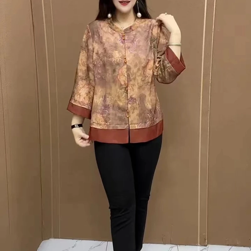 2025新款复古洋气中年宽松小衫印花中袖七分袖妈妈装衬衣夏季