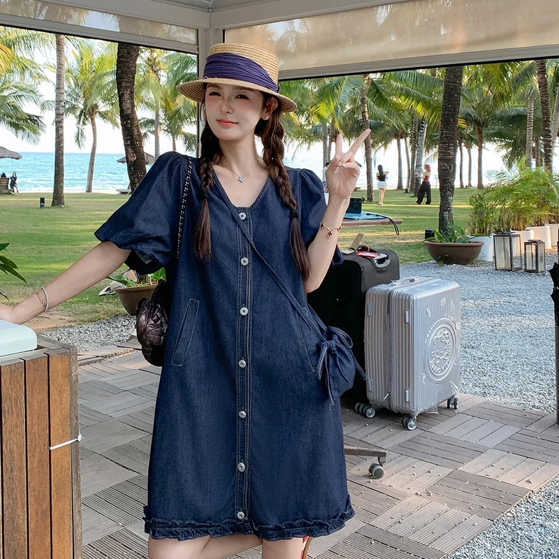 法式减龄复古花边V领连衣裙女2025夏季新款小个子牛仔裙连衣裙