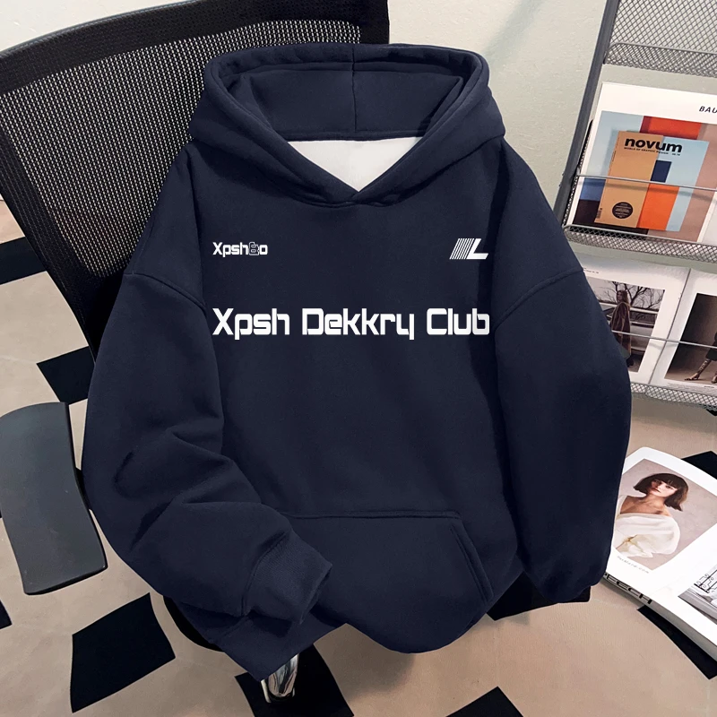 Dekkry潮流时尚字母印花秋冬加绒连帽卫衣男女款休闲宽松套头上衣