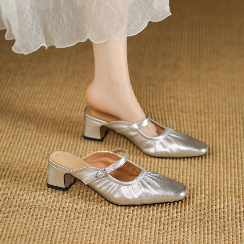 跟高5厘米/气质包头拖鞋夏季时尚百搭中跟粗跟拖鞋女外穿轻奢鞋子