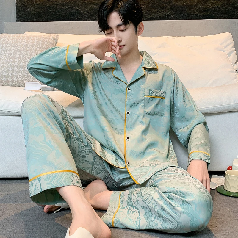 高级感冰雪丝四季家居服男士可外穿丝质冰丝大码宽松春夏睡衣套装