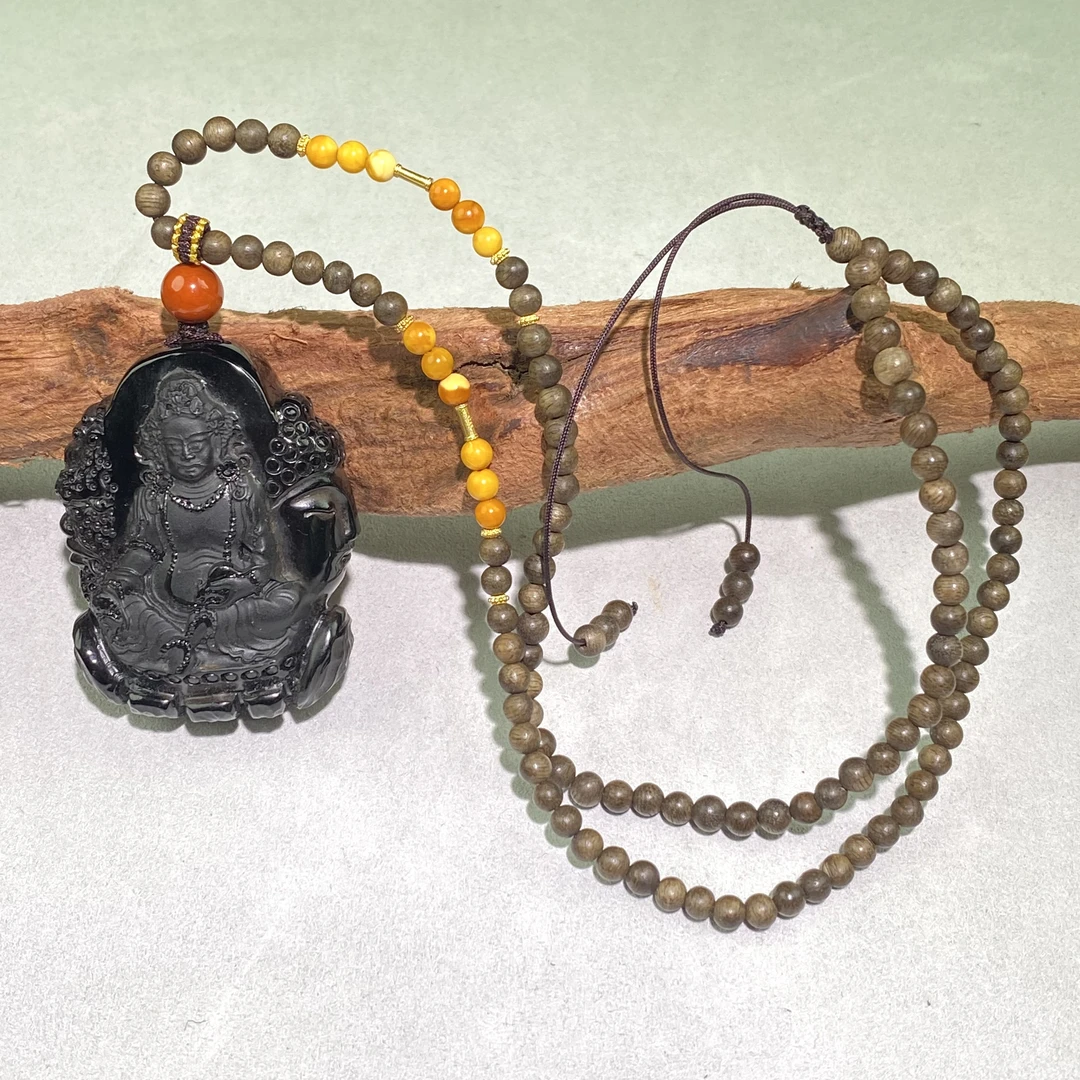 【亿轩珠宝】翳珀黄财神吊坠diy沉香4mm+