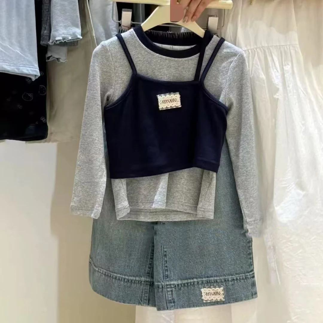 女童秋季新款长袖T恤套装洋气女宝宝吊带圆领长袖上衣两件套