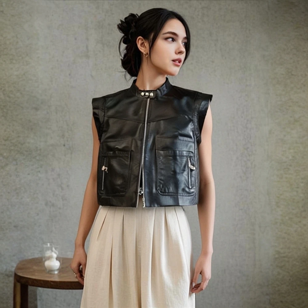 f宽松型短款工装风立领常规款皮衣马夹黑色休闲秋冬做旧女款牛皮