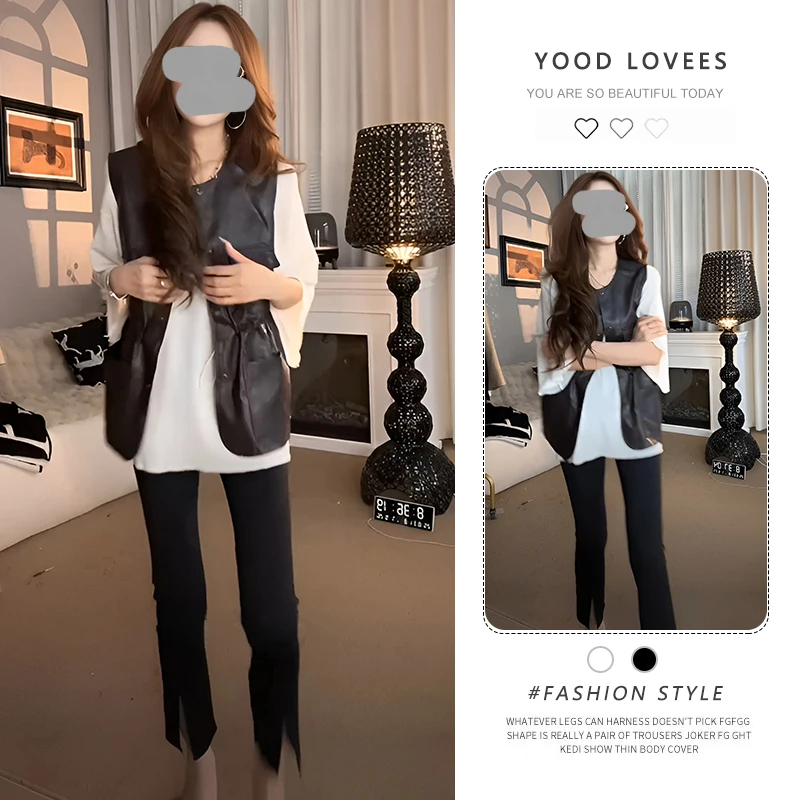 2025春秋季新款短袖T恤马甲外套上衣女高腰显瘦开叉直筒裤三件套