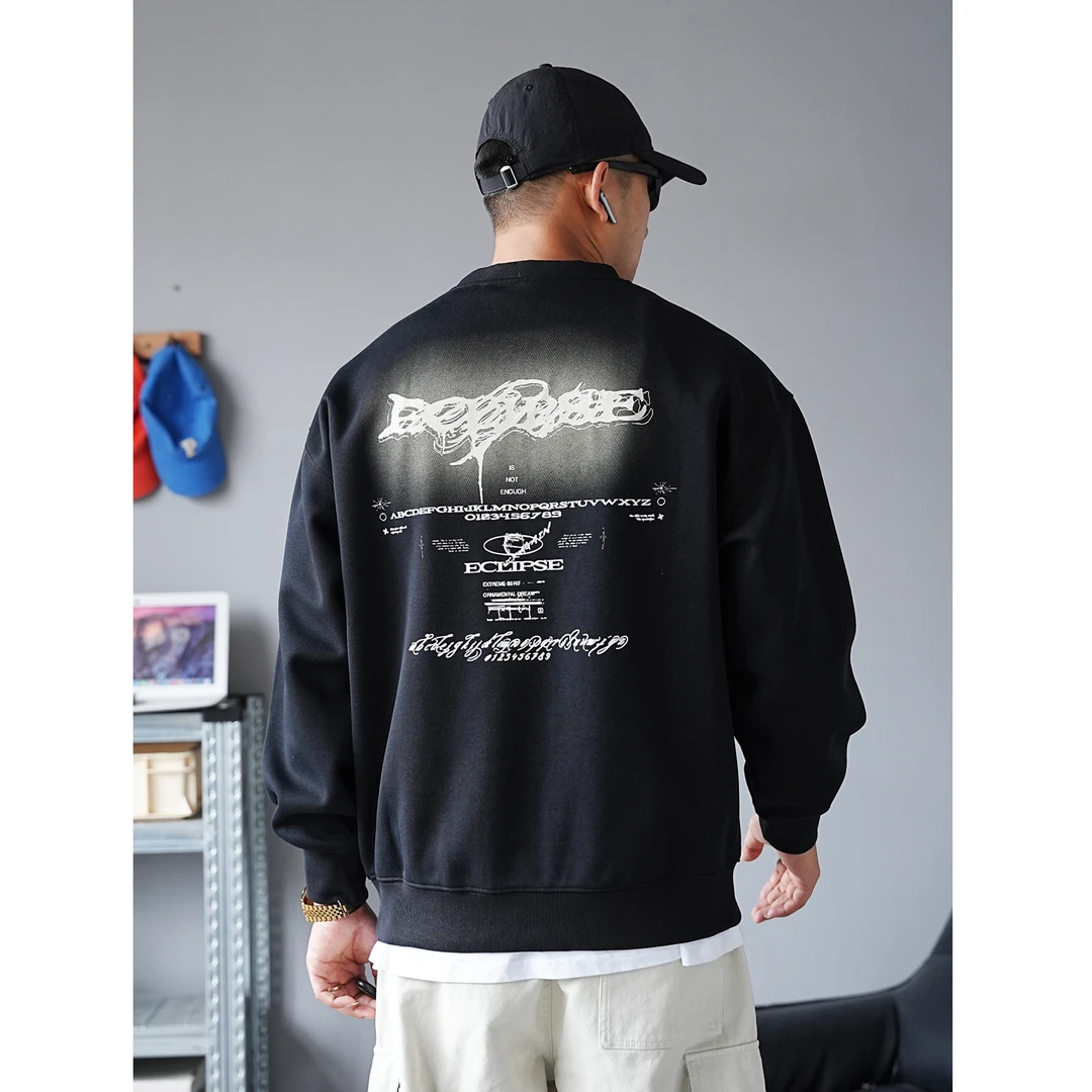 秋季美式休闲痞帅设计感印花圆领卫衣男宽松通勤百搭大码长袖上衣