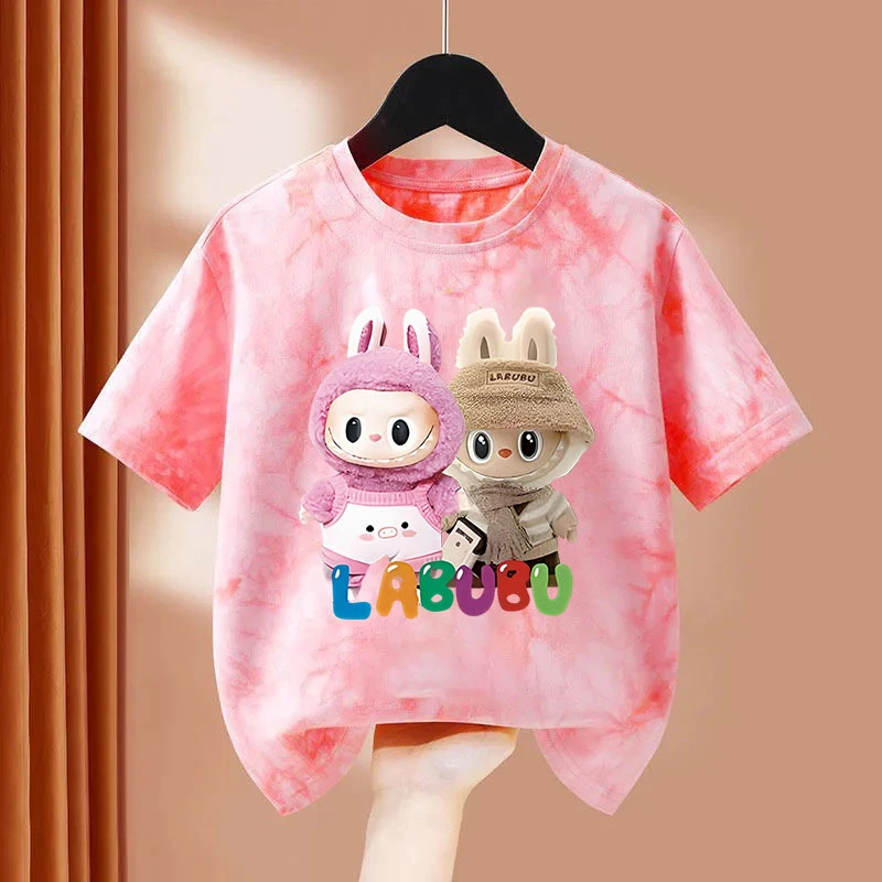 可爱拉布布卡通印花2025夏季扎染t恤洋气男女大童时尚短袖上衣潮