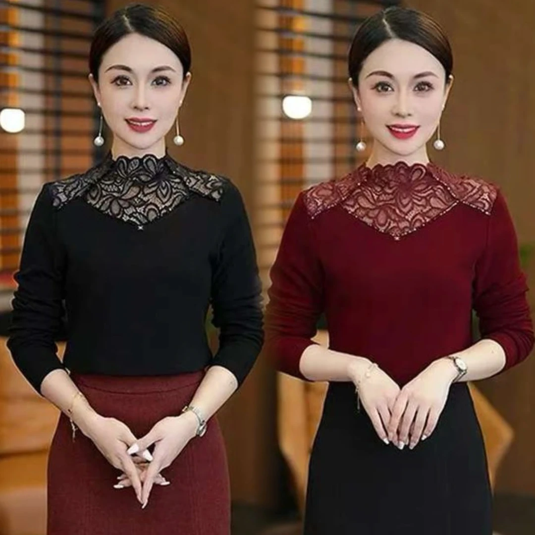 半高领蕾丝拼接打底衫女秋冬季2025新款洋气小衫加绒保暖内搭上衣