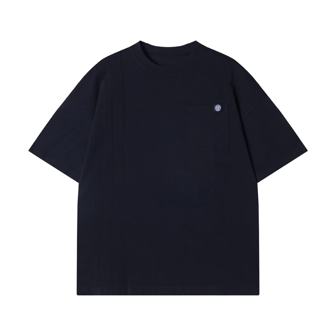 夏季新款时尚个性韩版纯色褶皱口袋拼接圆领短袖T恤百搭气质上衣