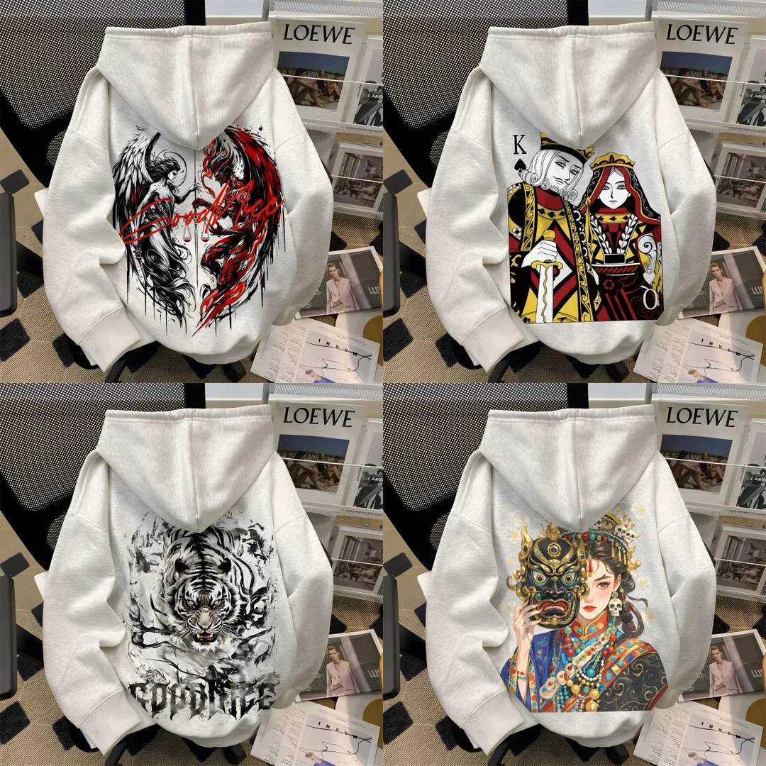 重磅美式复古人物印花连帽卫衣男女同款潮流宽松型加绒秋冬季外套