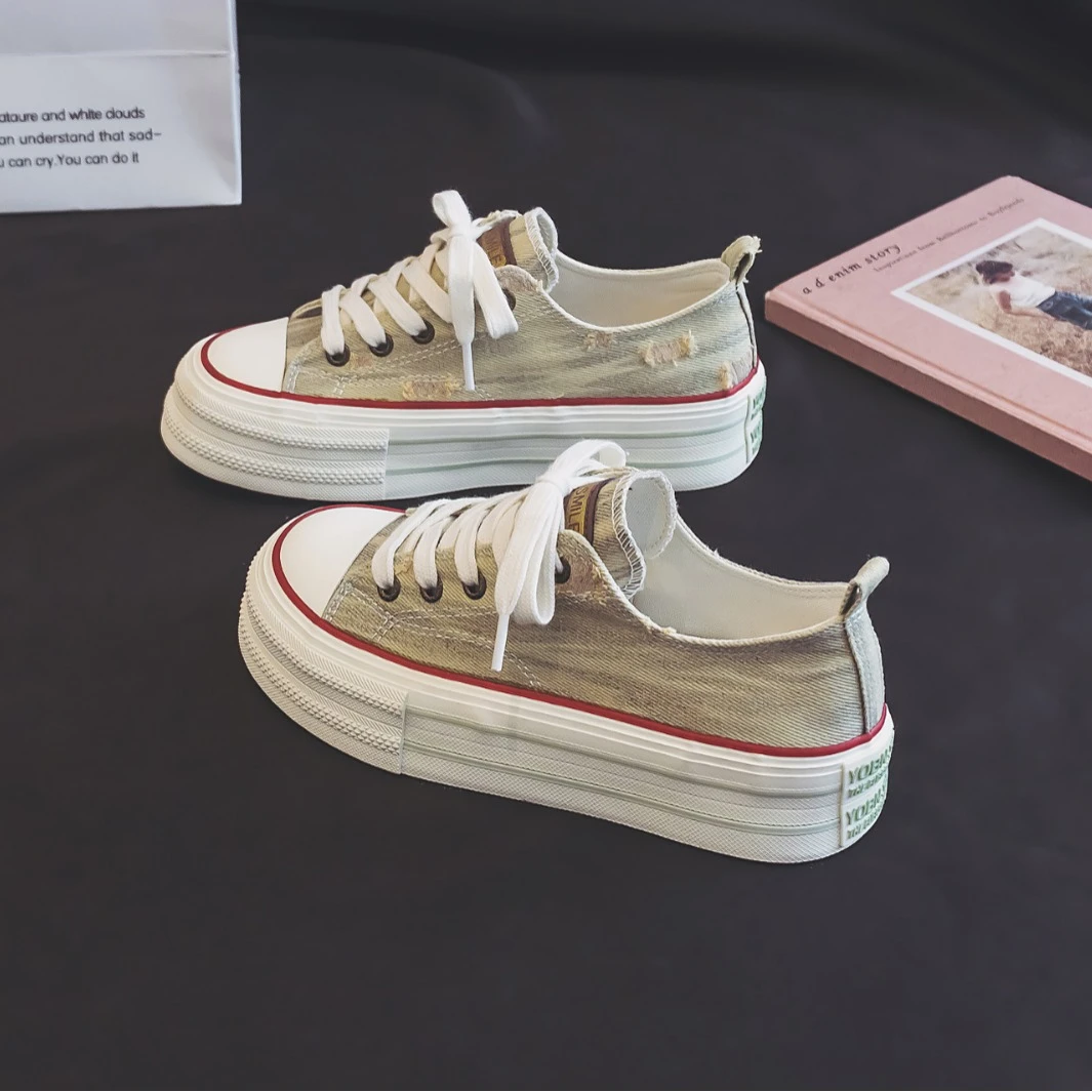 【厚底 4厘米】2025夏季新款学生休闲百搭低帮薄款增高牛仔布帆布鞋