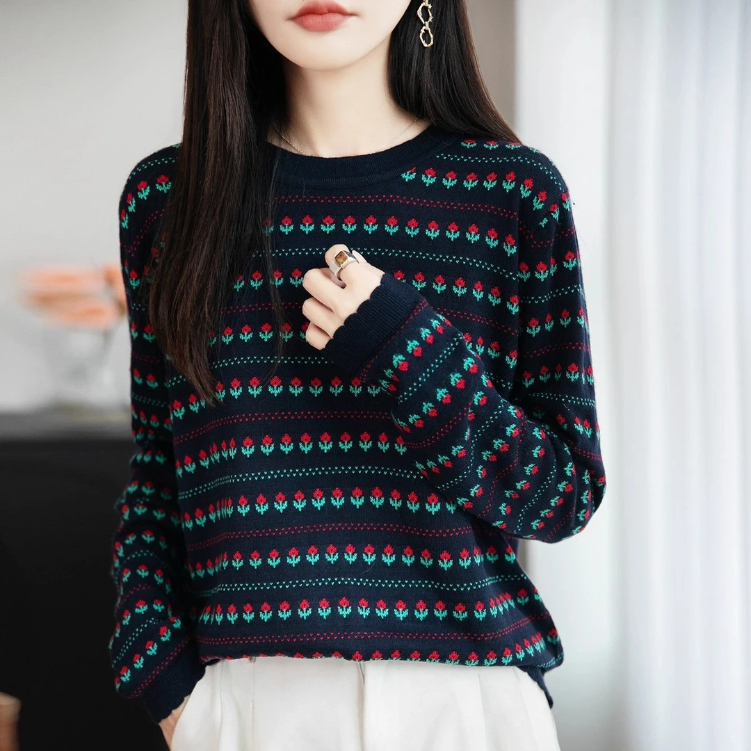 2025秋季新款宽松提花百搭显瘦长袖弹性条纹圆领针织毛衣上衣女