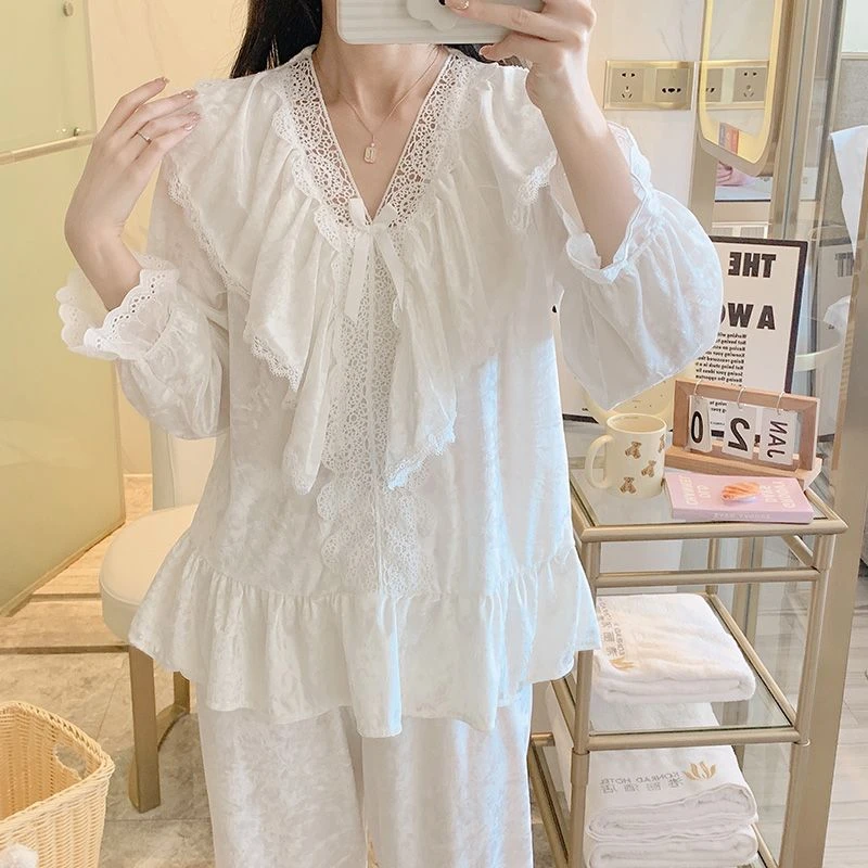 金丝绒女士睡衣春秋冬款长袖V领蕾丝花边宫廷风可外穿家居服套装