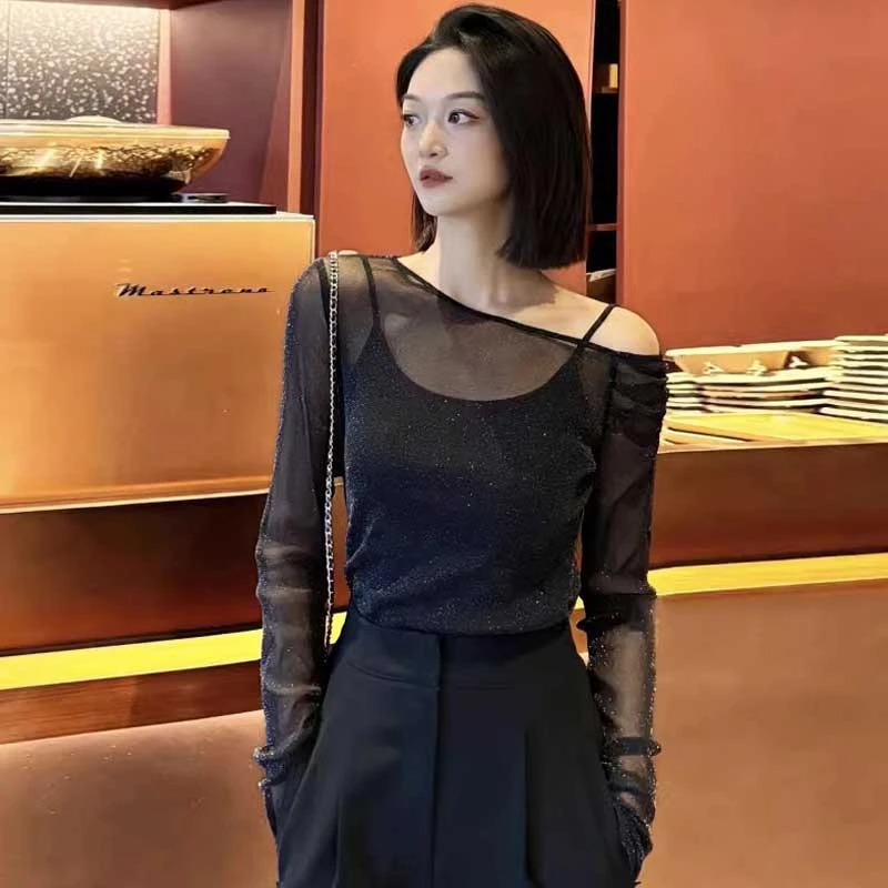 {专柜}商场同款2025女装春夏百搭露肩网纱透视打底衫T恤衫1301051