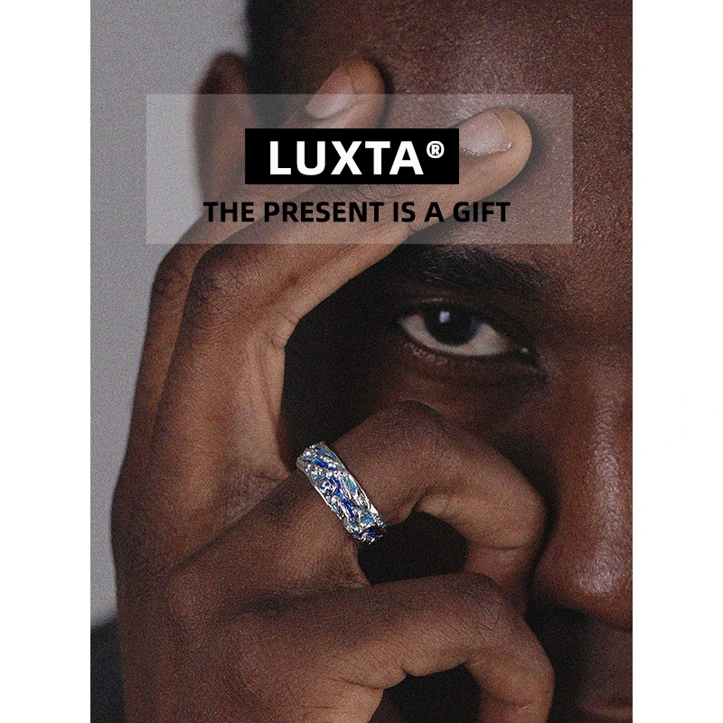 LUXTA 925银戒指 LUXTA纯银蓝色冰川戒指 嘻哈男高级感 开口可调