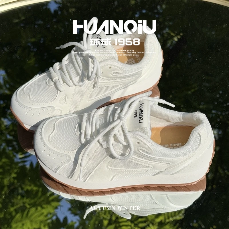 HUANQIU/环球厚底夏季网面小白鞋女2025新款时尚百搭透气休闲板鞋