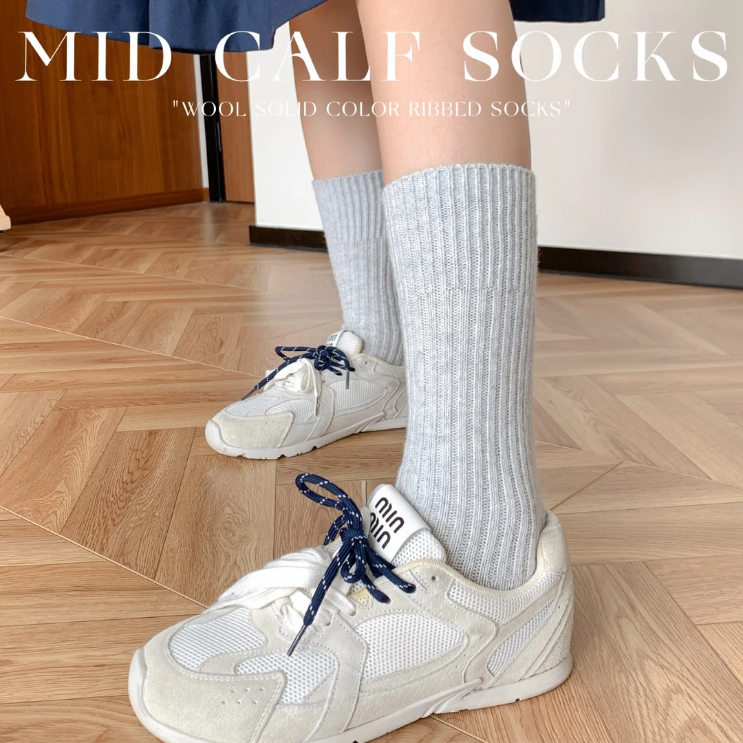秋冬女士羊毛素色坑条中筒袜竖条纹保暖百搭袜子25723