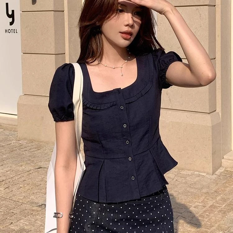 法式方领泡泡短袖衬衫女2025年新款夏季设计感小众修身短款上衣女