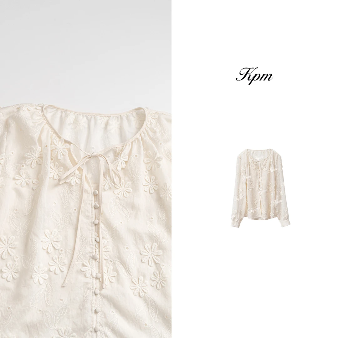 2025春季新款法式风圆领系带刺绣立体花百搭气质衬衫上衣女JN7181