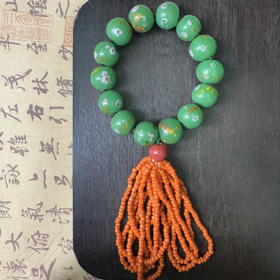 老琉璃复古百搭绿色万花手捻4122704