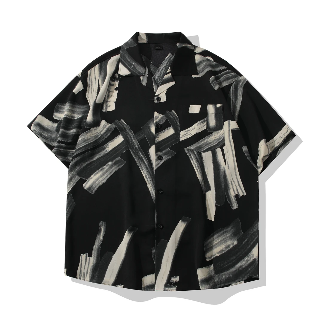 港风冰丝凉感古巴领衬衫男美式潮流短袖夏季薄款小众复古宽松衬衣