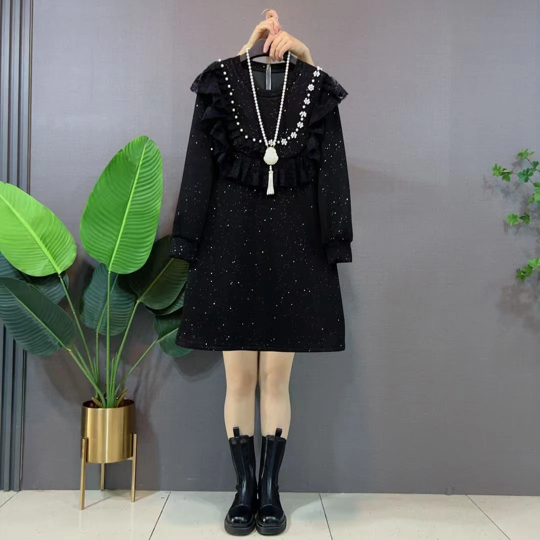 欧货春秋新款韩版气质显瘦宽松洋气减龄中长款亮闪闪休闲卫衣裙