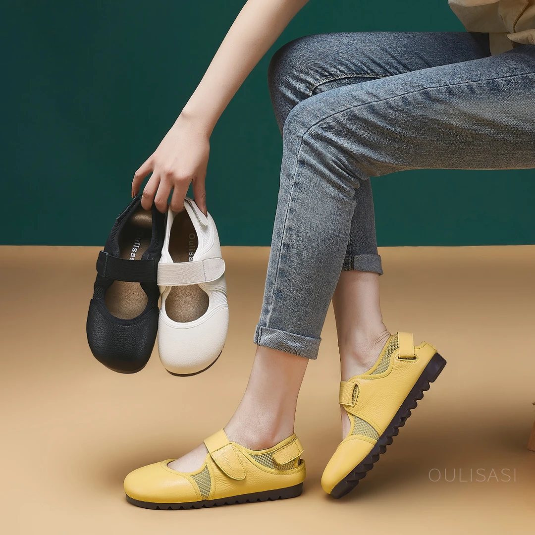 Oulisasi单鞋2025春季新款原创冰丝莱卡透气拼接牛皮软底软面好穿