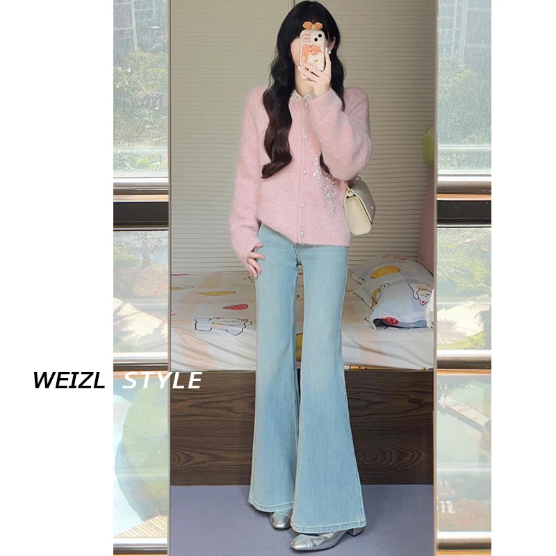 不贴腿微喇牛仔裤女2025年春季高腰宽松梨形身材遮胯喇叭阔腿裤子