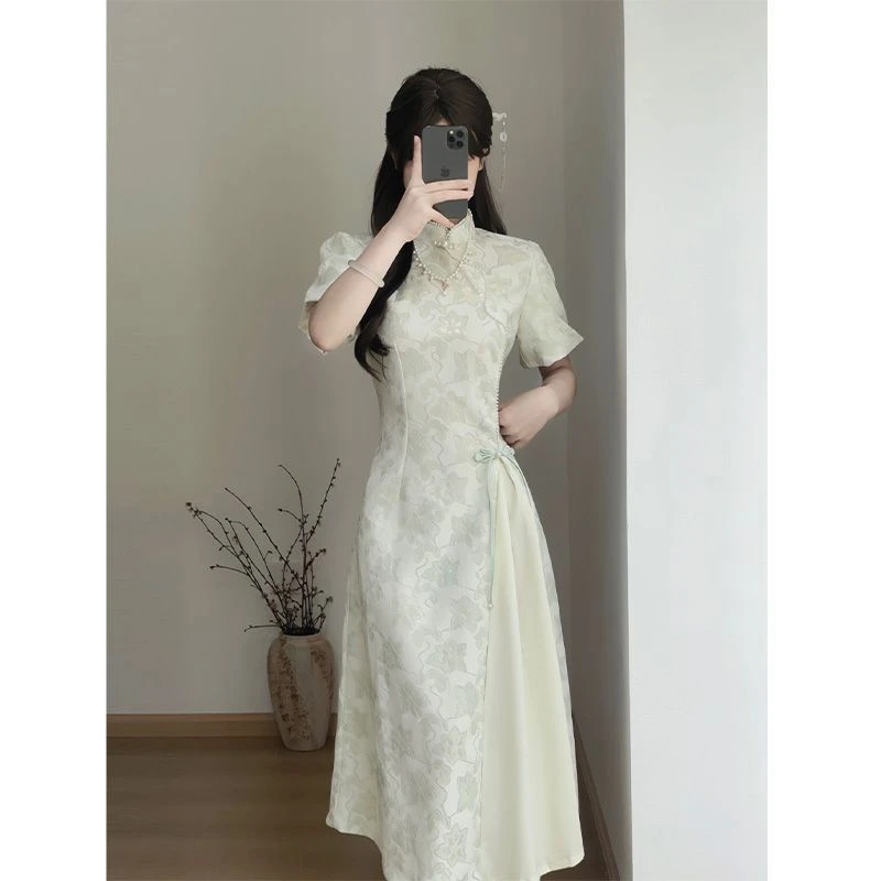 吸汗百褶裙夏季小个子连衣裙V领少女刺绣显瘦中国风