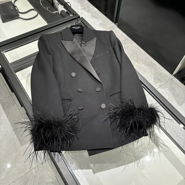 25年春装新款女装 高定双排扣袖子时尚羽毛装饰西服外套-W056