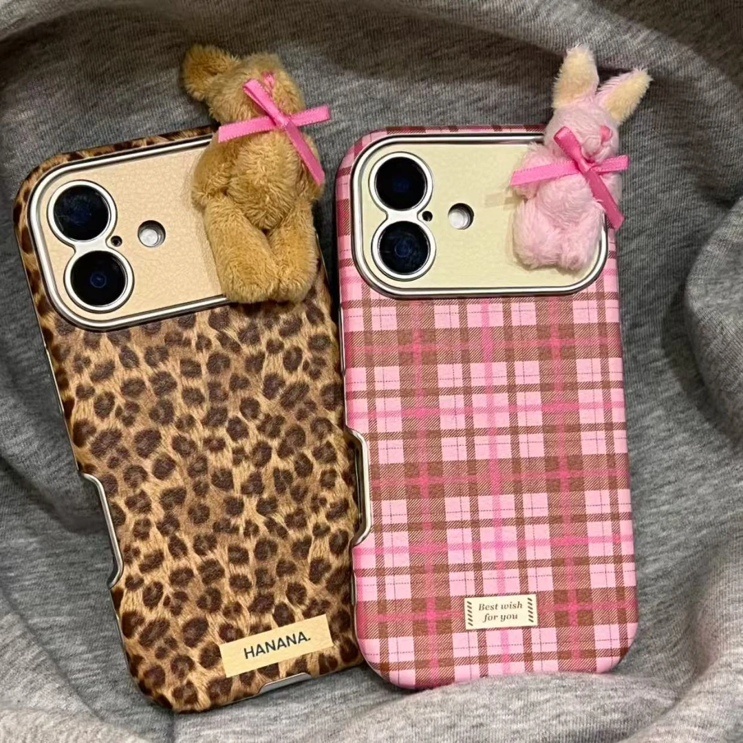 皮质大视窗立体毛绒兔兔适用iPhone16系列手机壳苹果15少女14/13