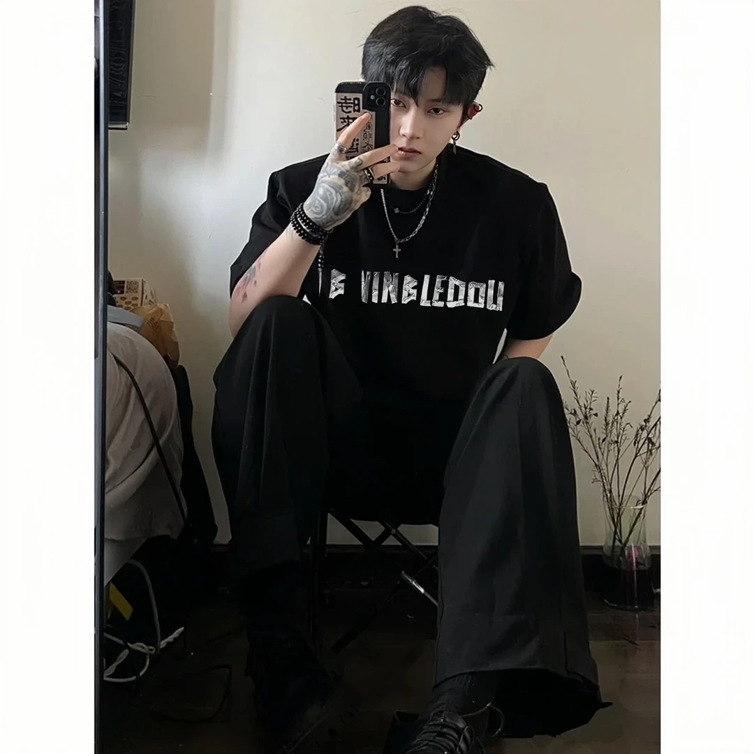 新款美式时尚潮牌设计男士夏季纯棉短袖t恤宽松百搭休闲圆领上衣