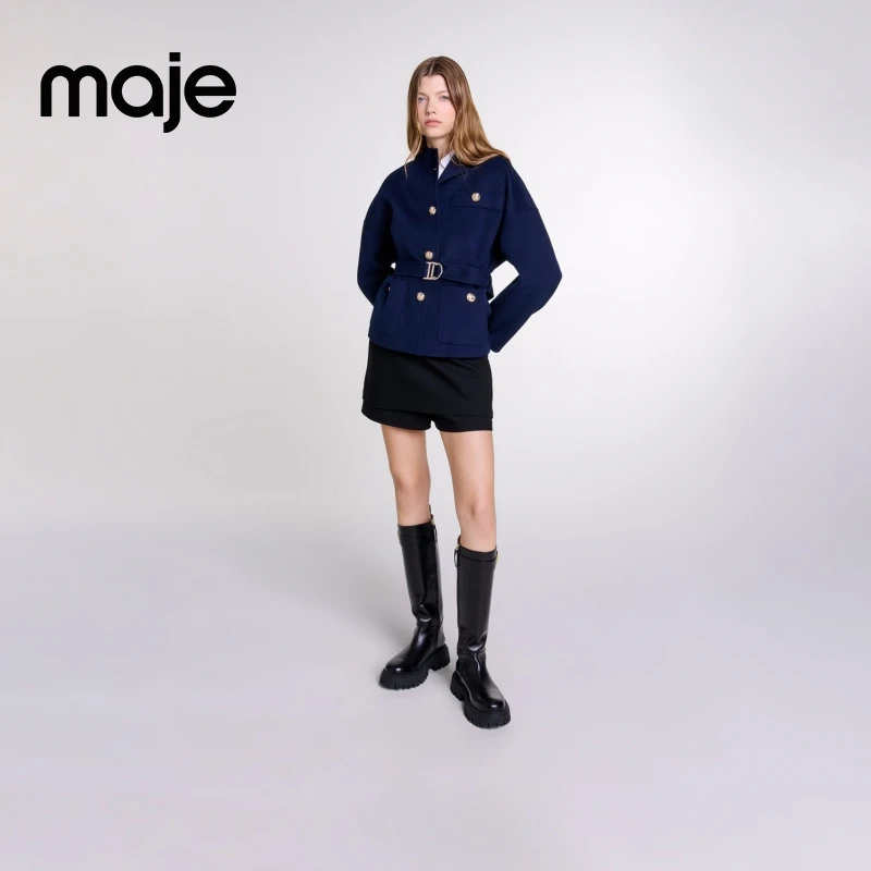 Maje新款女装巴恩风时尚系带收腰深蓝毛呢外套MFPOU01215