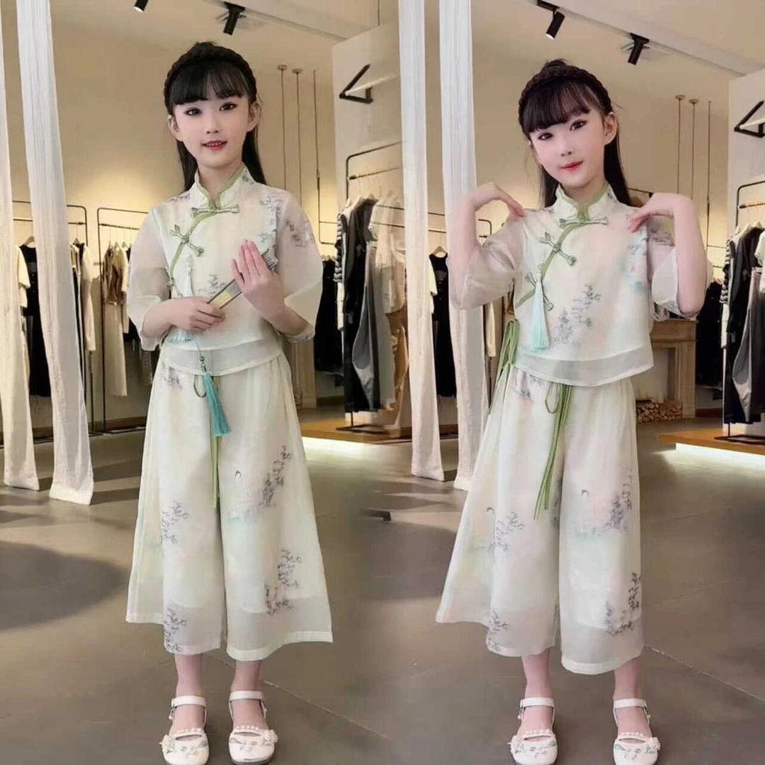 新品巴拉巴拉女童汉服短袖七分裤套装2024新款新中式上衣古风超仙