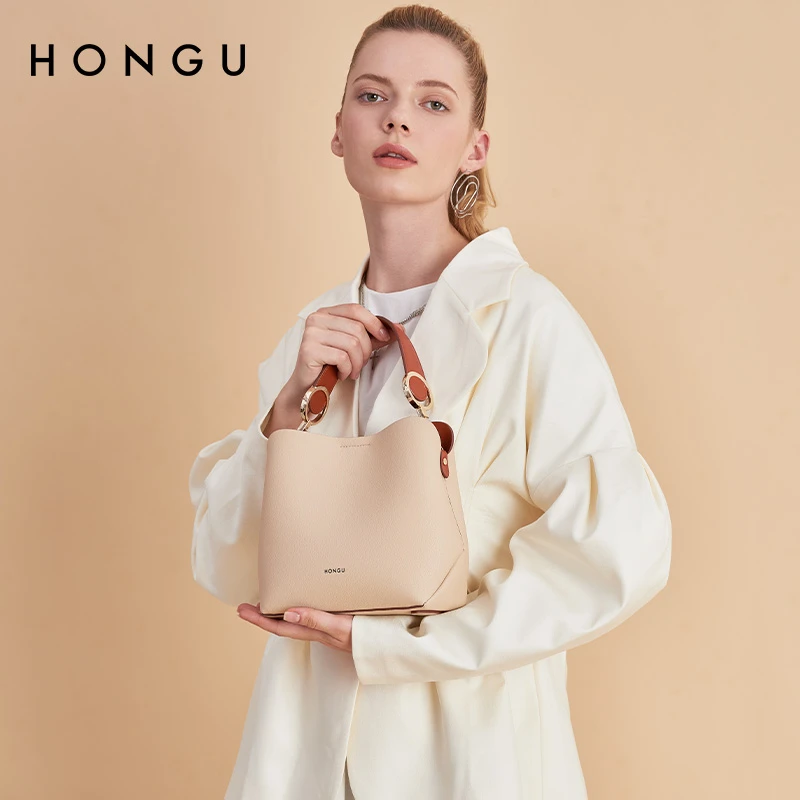 HONGU/红谷新款牛皮时尚百搭水桶包包女简约牛皮单肩包H5133590