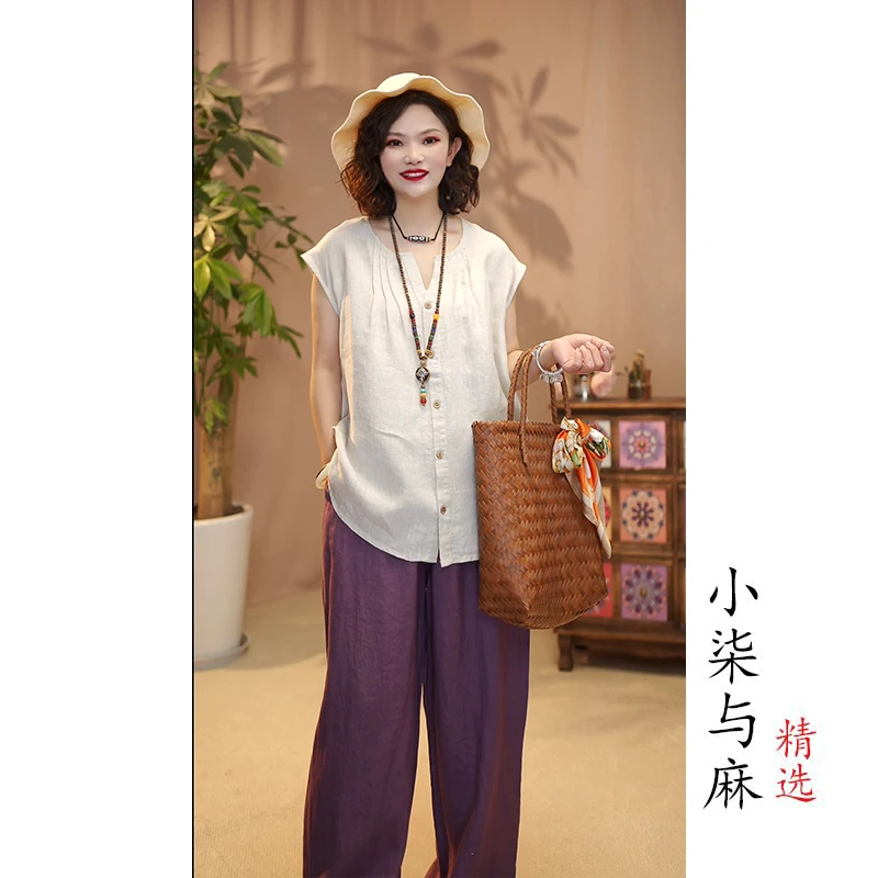 【小柒与麻】100%亚麻褶皱木制扣马甲小衫（衣长63胸围114）