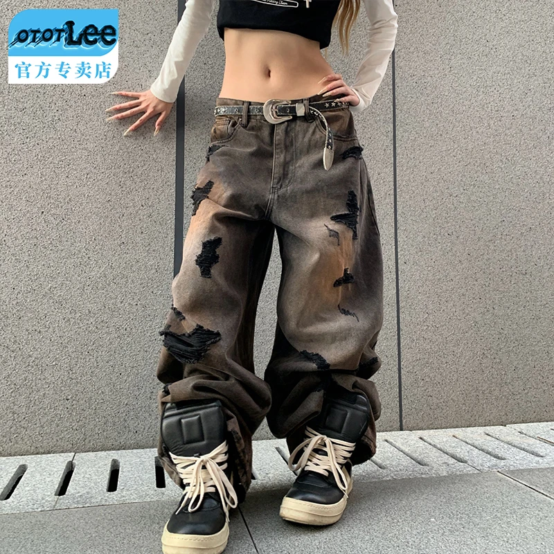 OTOT LEE男破洞宽松牛仔裤复古个性阔腿潮流休闲印花重磅时尚长裤