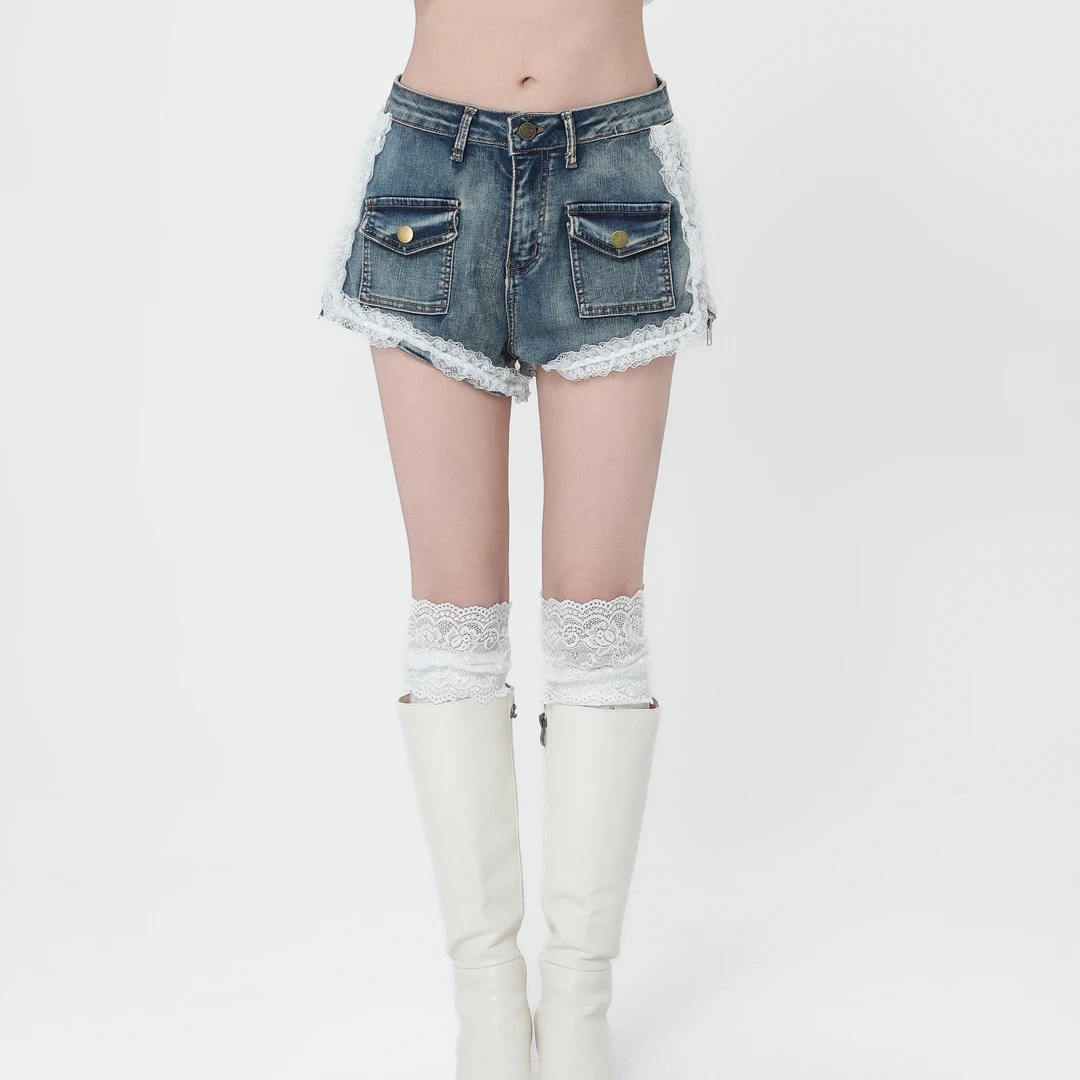 ANPK纯欲甜美夏季白色蕾丝高腰牛仔短裤外穿裤子热裤显瘦