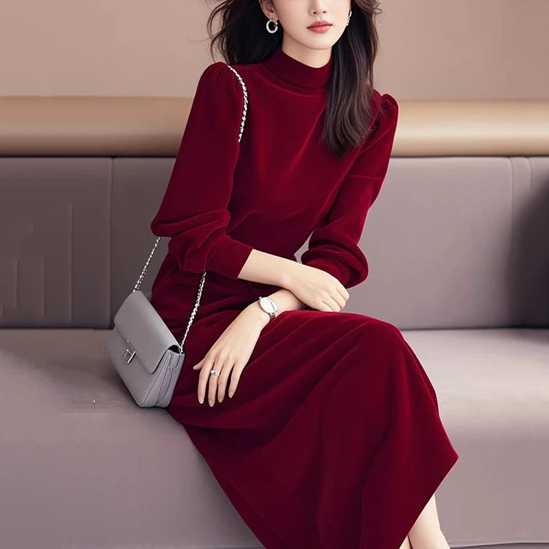 法式长袖气质酒红色连衣裙女春季新款高级感洋气收腰显瘦礼服裙子