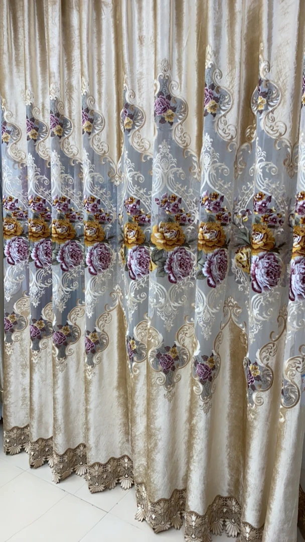 香槟色重工刺绣大镂空布帘8.4对2.6高