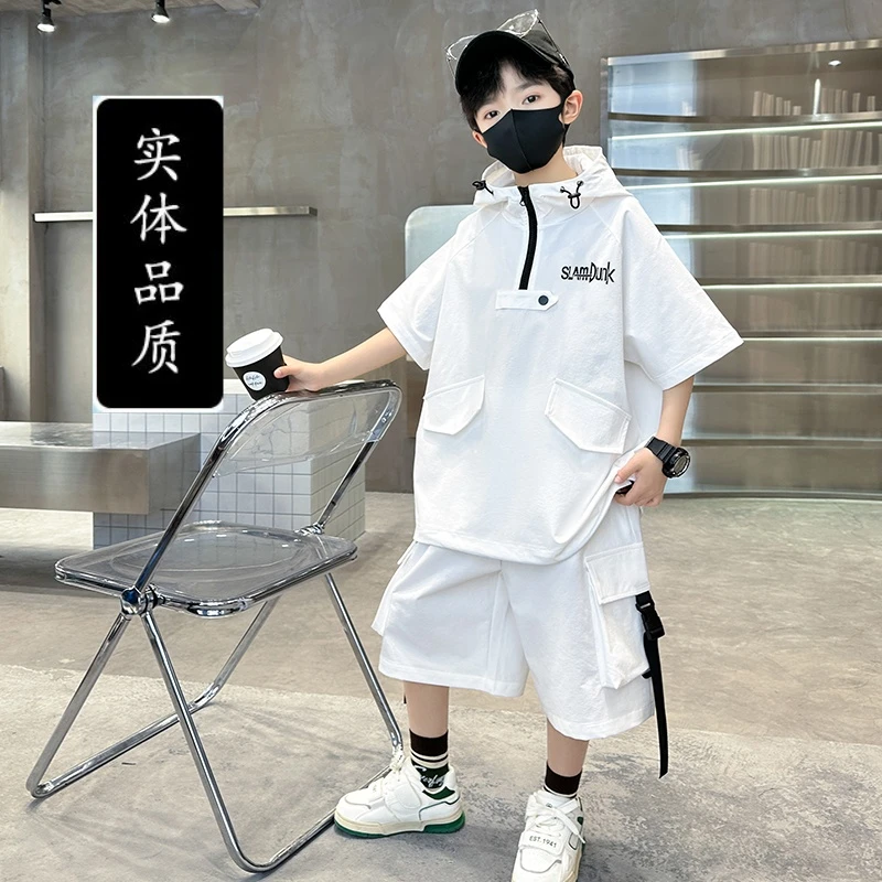 大码男童白色连帽夏季短袖服装套装潮儿童洋气休闲运动大童帅气